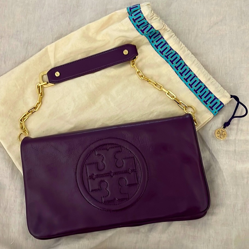 Tory Burch Leather Handbag removable brass chain purple color